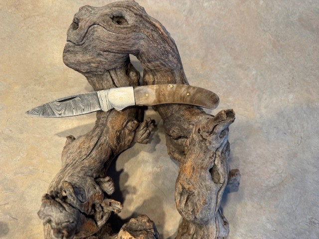 Big Damascus folding blade knife w/ Rams horn handle