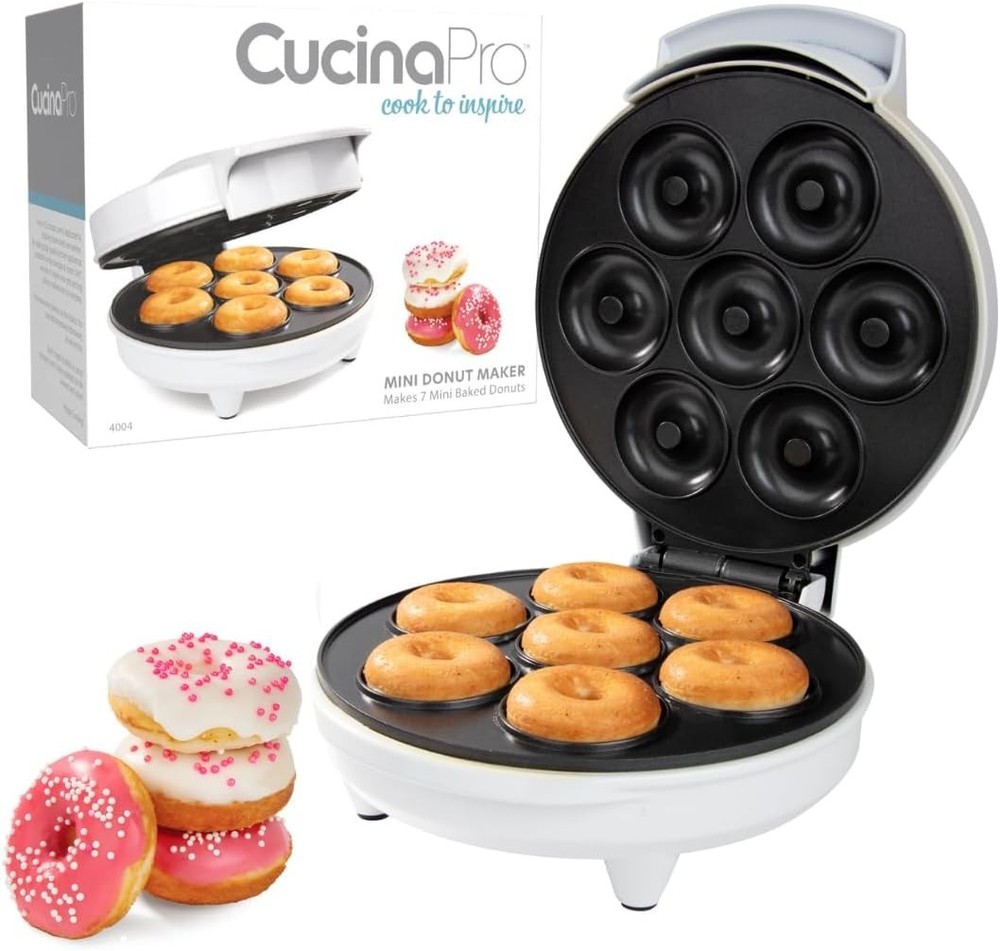 Mini Donut Maker- Electric NonStick Surface Makes 7 Small Doughnuts- Decorate