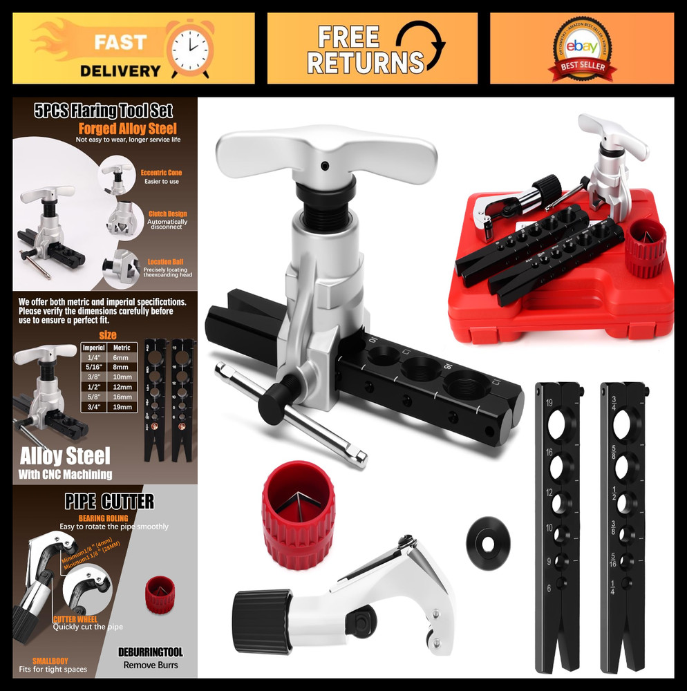 Flaring Tool Kit for HVAC, Pipe Expander 1/4''-3/4'', 6-19mm, Deburring Tool & C