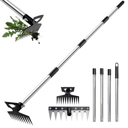 60" Long Handle Weed Puller Tool - 3-in-1 Heavy Duty Weeding Rake & 2 Heads for