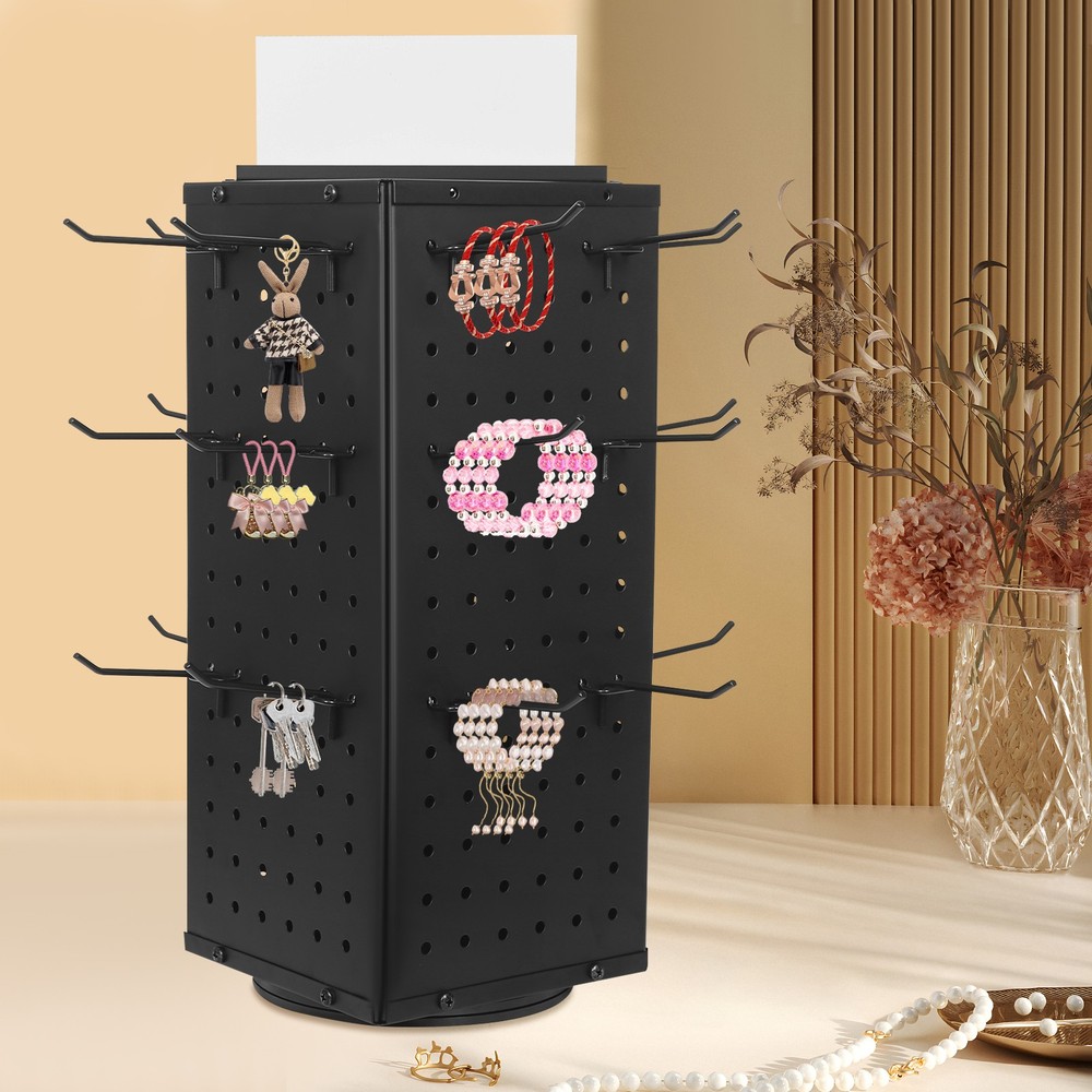 Rotating Pegboard Display Stand with 24 Hooks - 4-Sided Metal Spinning Peg Board