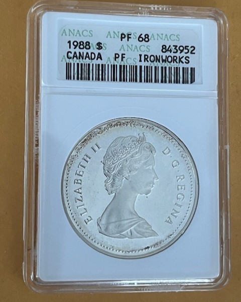 1988 CANADA SILVER DOLLAR_COMMEMORATIVE_ IRONWORKS_ANACS PF68