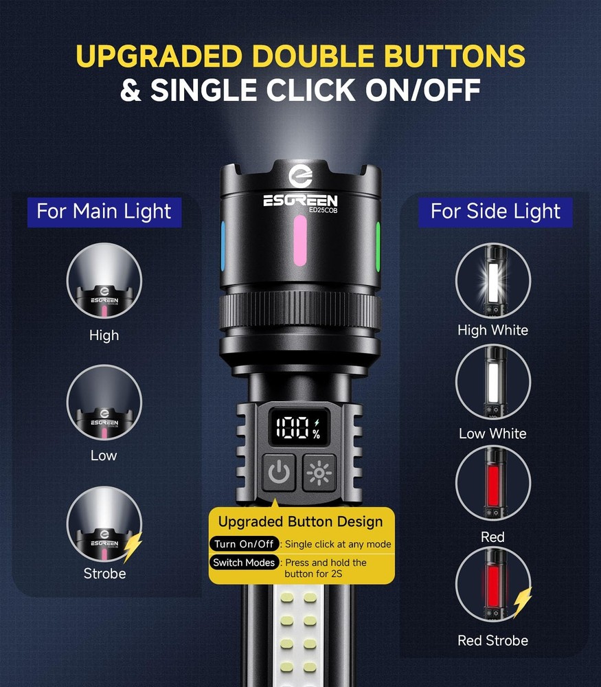 LED Rechargeable Flashlights High Lumens 10000 2 Pack, Single Click Bright Fl...