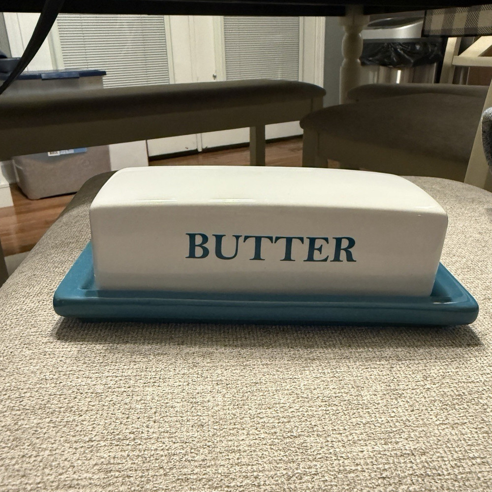 Mainstays Ceramic Covered Butter Dish White Blue Words & Phrases Pattern