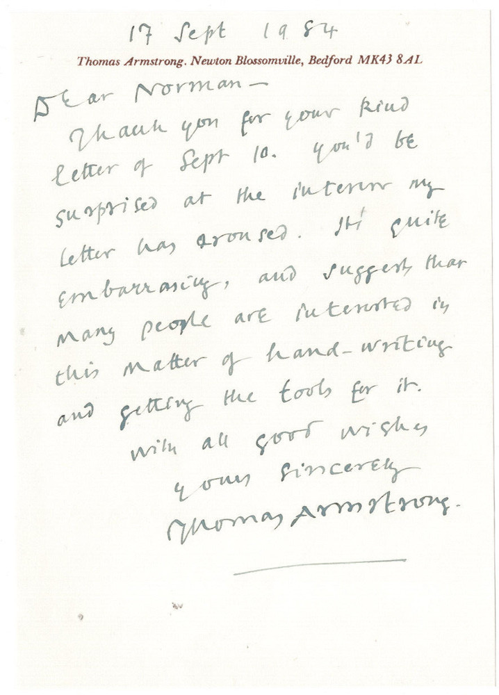 Thomas Armstrong Signed Letter 1984 / Autographed Composer