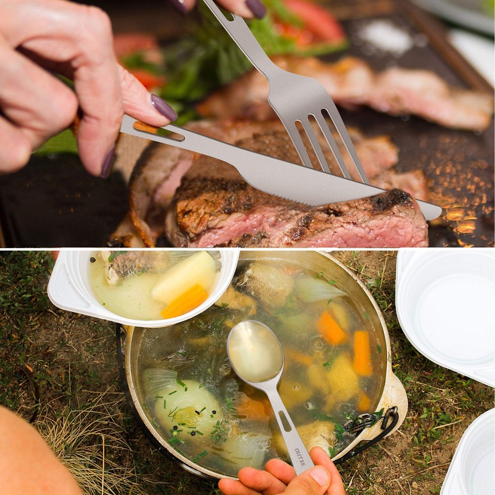 OUTXE Titanium Flatware Knife Fork Spoon Set Lightweight Ti Camping Utility C...