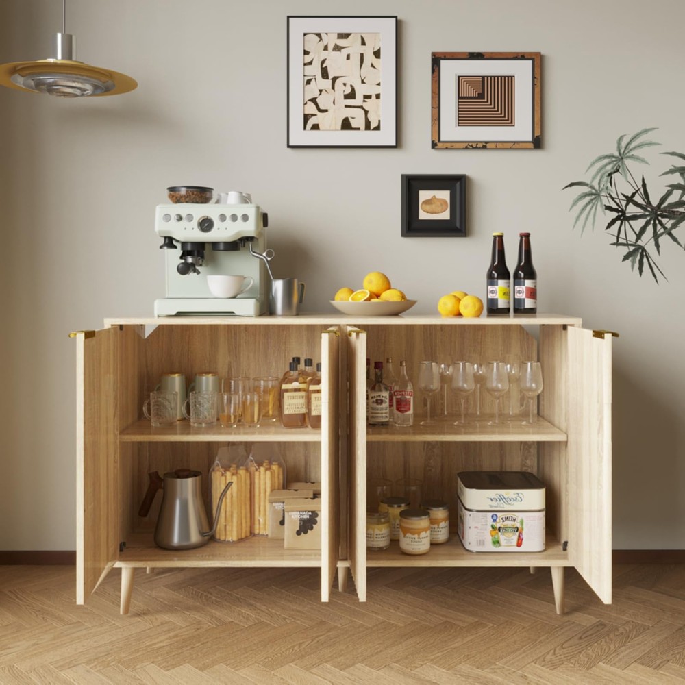Sideboard - Buffet Cabinet with Storage, Fluted with 4 Doors and Adjustable S...