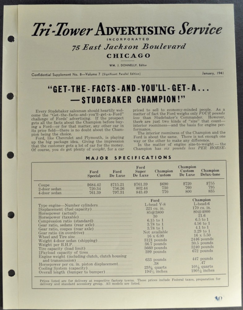 1941 Studebaker Tri-Tower Training Bulletin Champion vs Ford Excellent Original