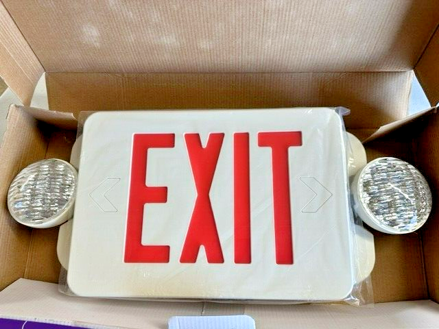 2-Light Plastic LED White Exit Sign with Red Light Up Exit Emergency Combo LED