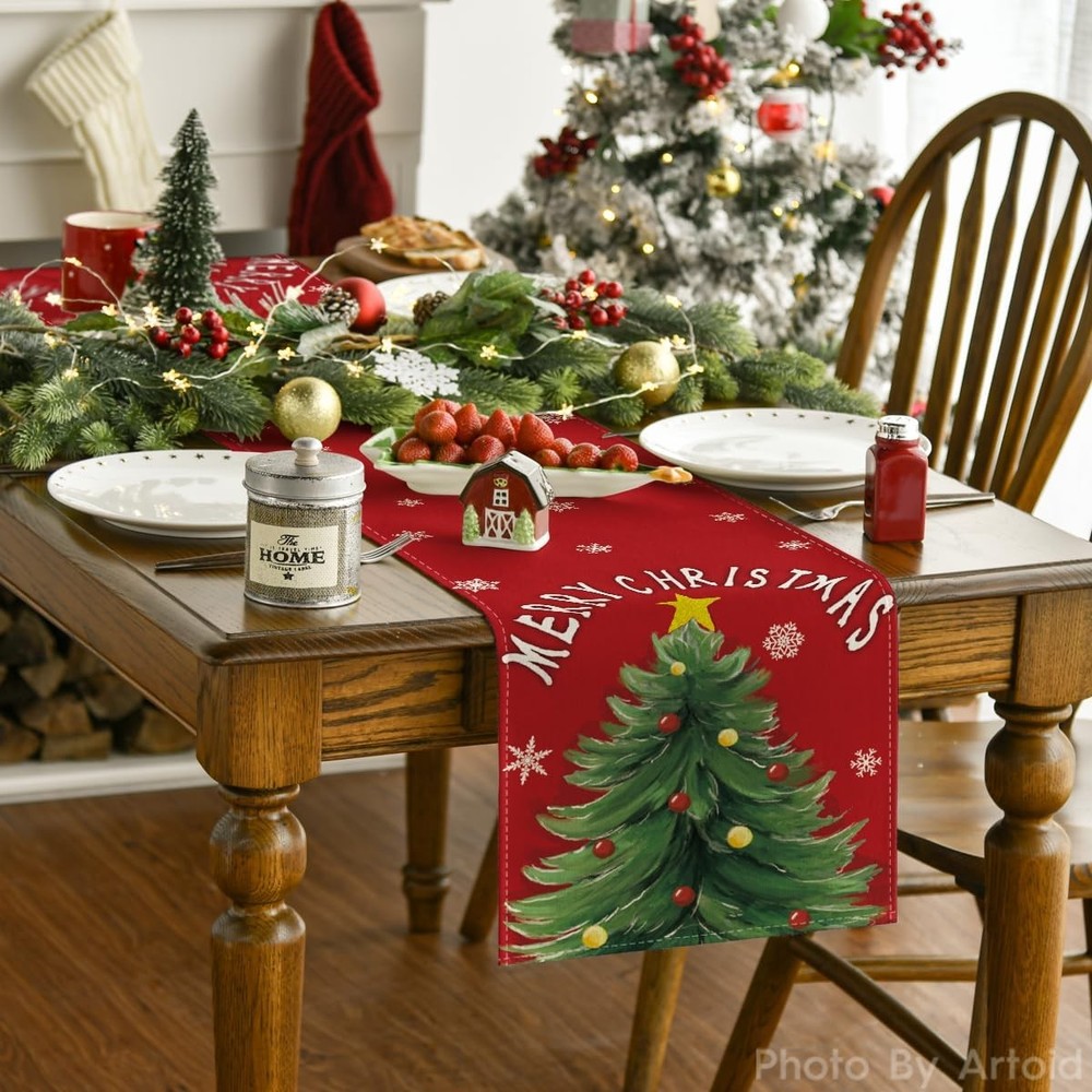 Artoid Mode Red Xmas Pine Snowflake Merry 13 x 72, Table Runner,