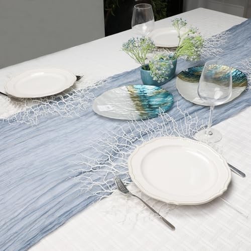Le courant 10Ft Cheesecloth Table Runner, Rustic Boho 10ft x 1pc Dusty Blue