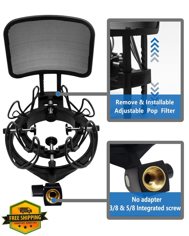 SUUNTOK Microphone Shock Mount Pop Filter Stand Holder Clip Black