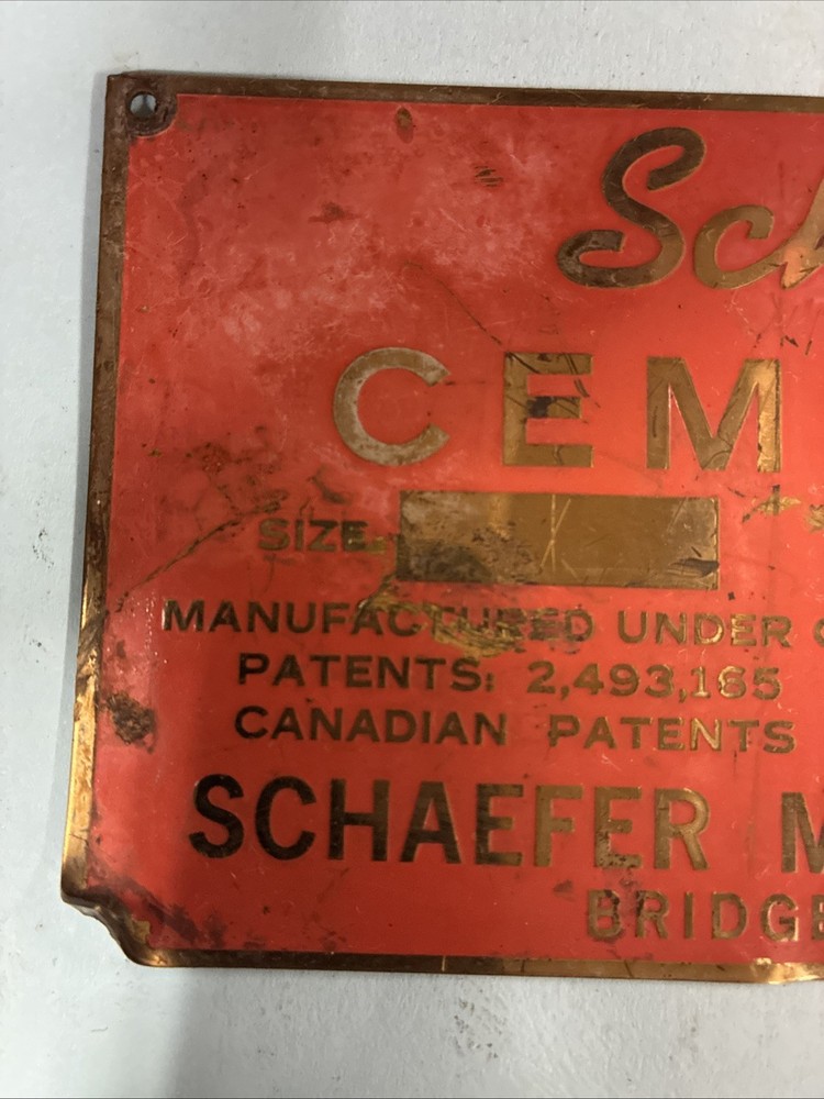 Schaefer Cementer Identification Plate Bridgeport Connecticut SERIAL# 15442