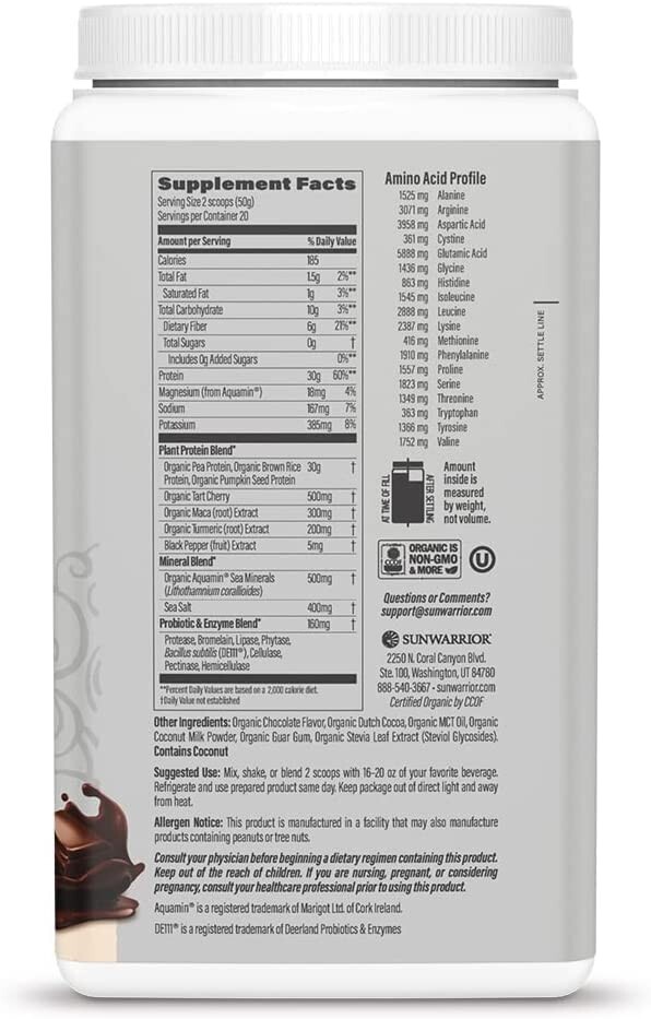 Sunwarrior Pre & Post Workout Active Protein Vegan - Chocolate Protein, 2.2 lbs