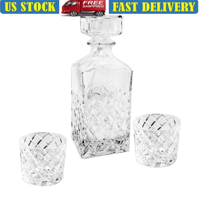 Sylvan Decanter Set W/ 2 Old Fashioned Glasses Diamond Cut Pattern Clear Glass