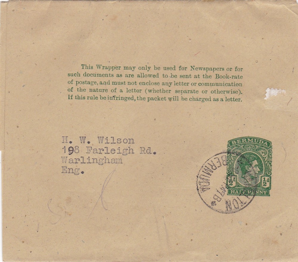 Bermuda Hamilton 1947 ½d Newspaper Wrapper to Warlingham UK