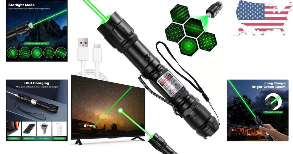 Rugged Green Laser Pointer - Long Range with USB Charging and Adjustable Light