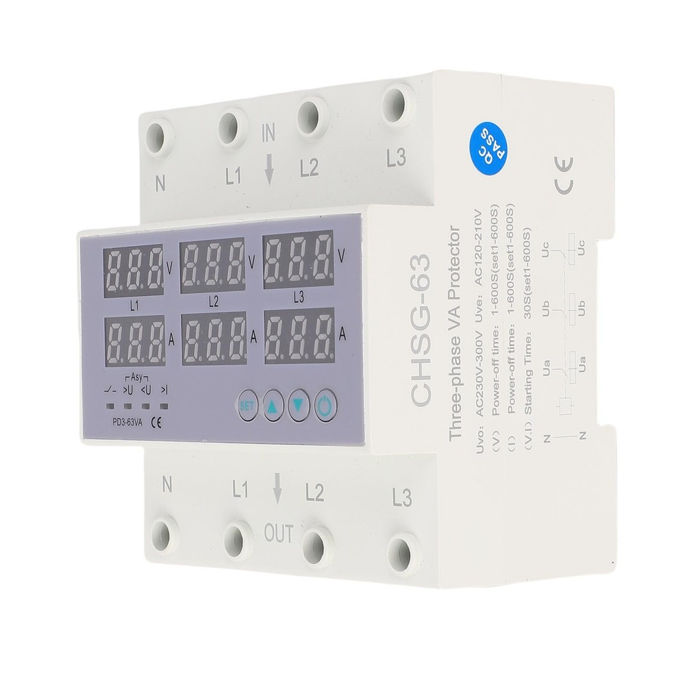 63A 3 Phase DIN Rail Voltmeter Ammeter Auto Overvoltage Overcurrent Protector AC