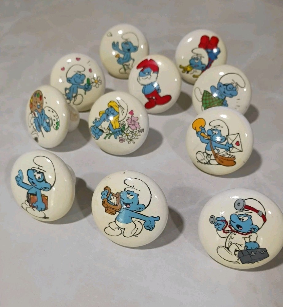 11 Vintage SMURF Porcelain Drawer Pulls