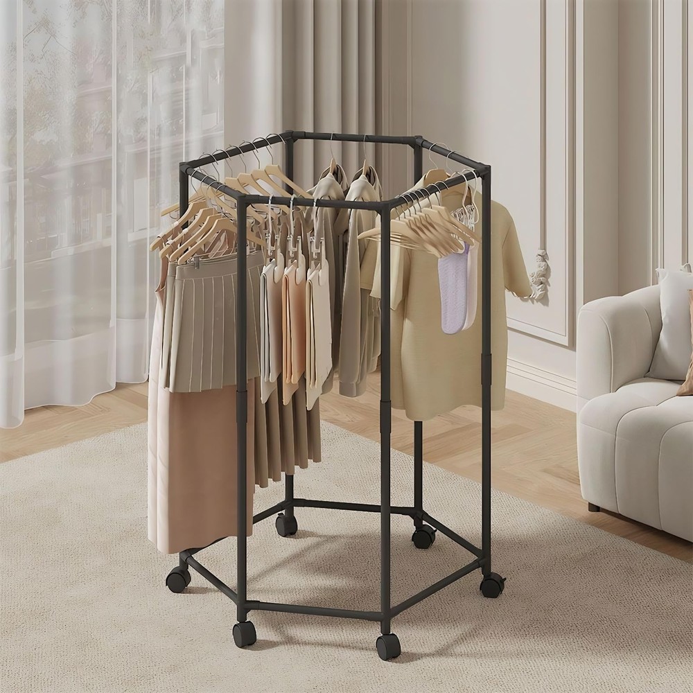 Clothes Rack with Wheels, Hexagonal Rolling Clothing Rack for Hanging Clothes...