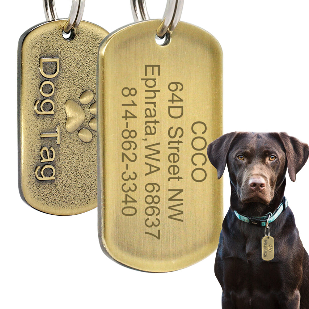 Custom Dog Rectangle Tags Personalized Engraved Dog Name ID Tags Retro Gold Tags