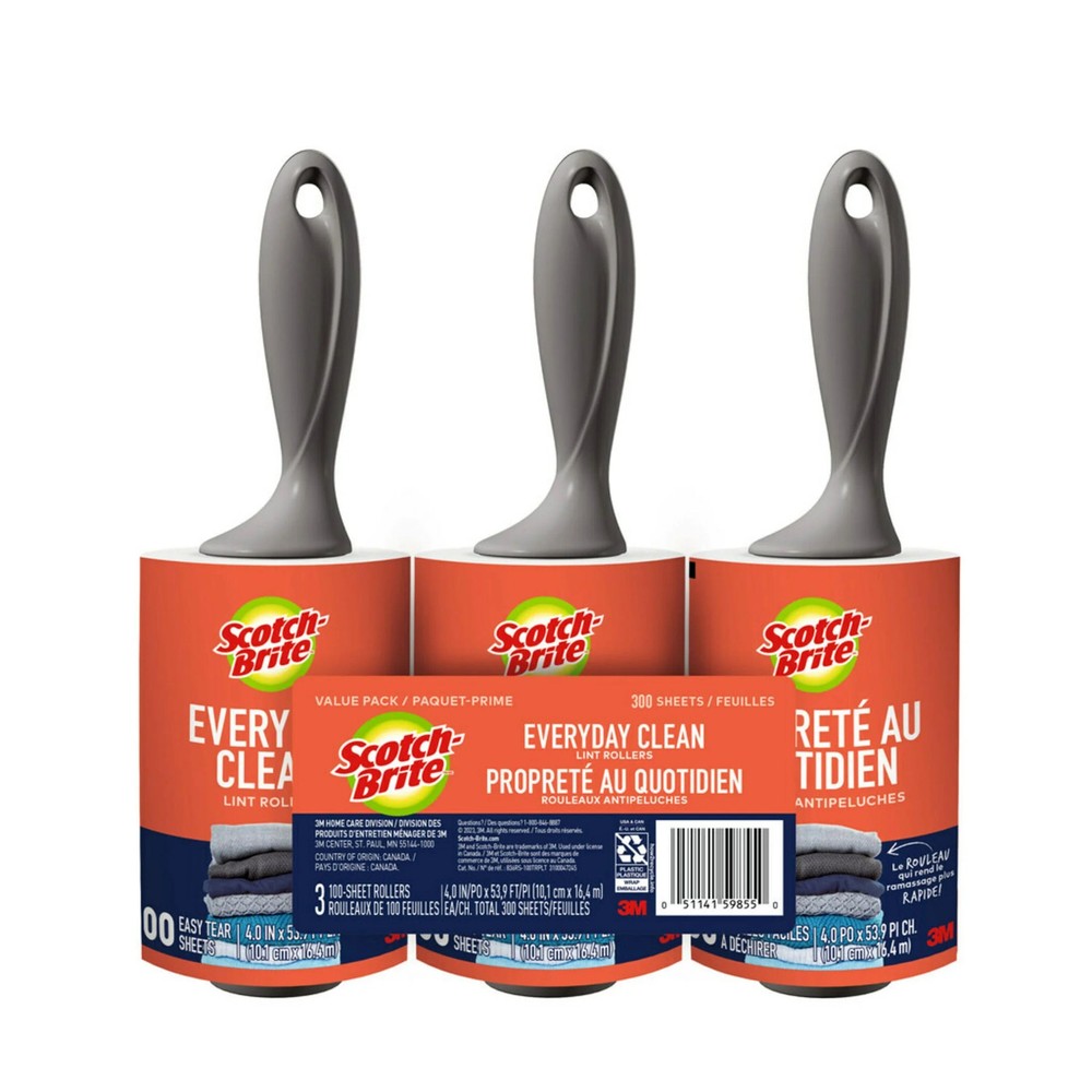 Everyday Clean Lint Roller Combo Pack, 100 Sheets per Roller, 3 Rollers