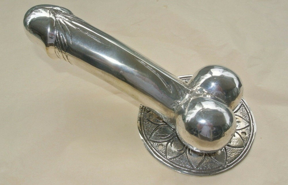 large version PENIS erect DOOR PULL HOOK heavy aged brass 9 " handle hand made