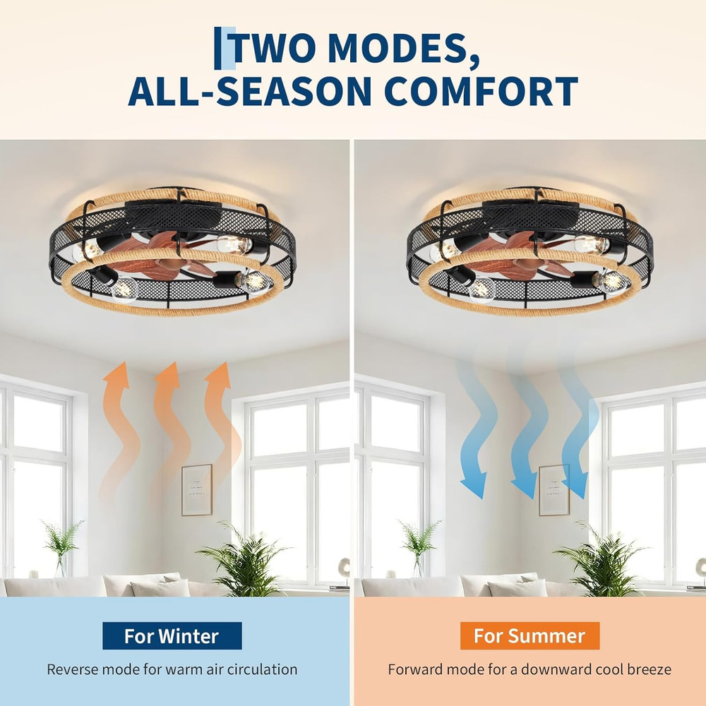 20'' Flush Mount Caged Ceiling Fan, Boho Flush Mount Ceiling Fan with Light with