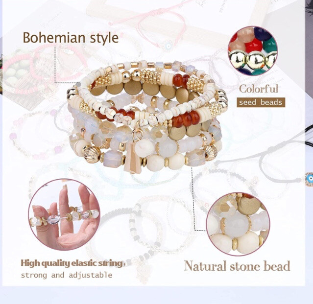 5 PC Handmade Bohemian Beaded Stackable Stretch Bracelet Set New Free Ship 5276