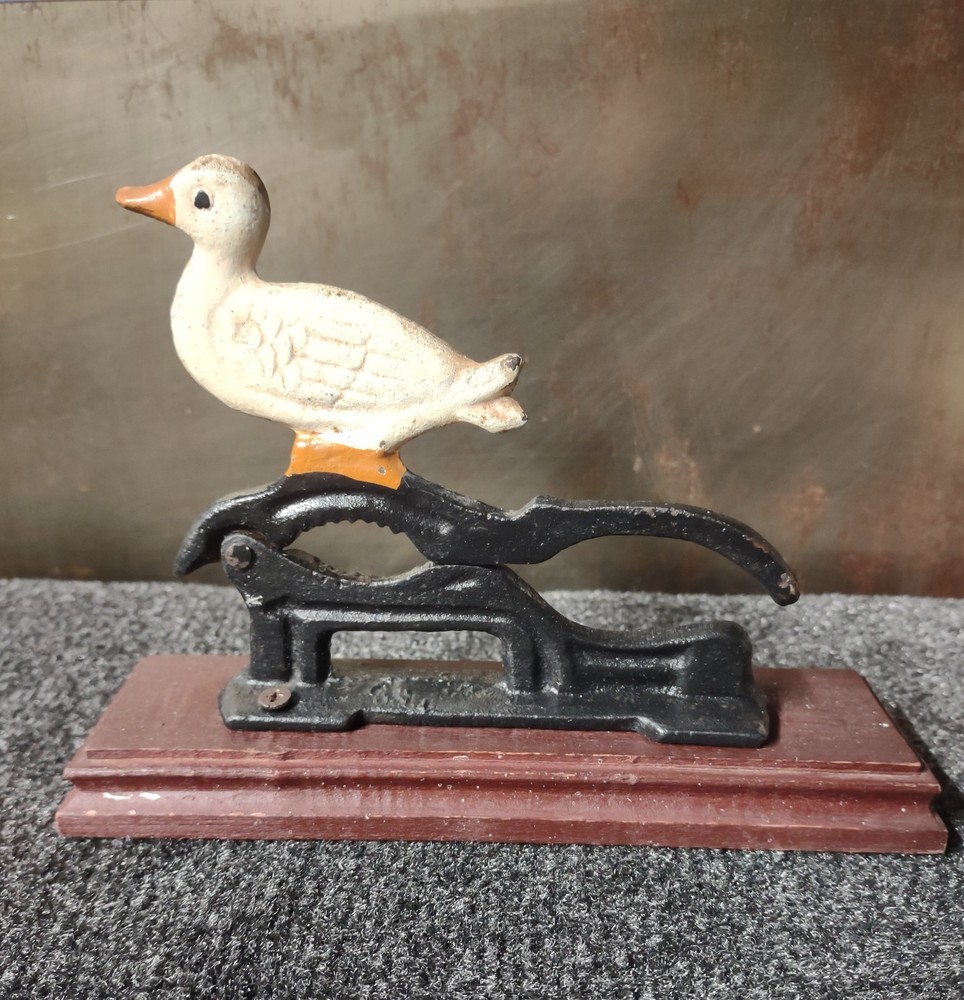 Vintage Duck Cast Iron Nut Cracker Nutcracker Wood Base 7.25"