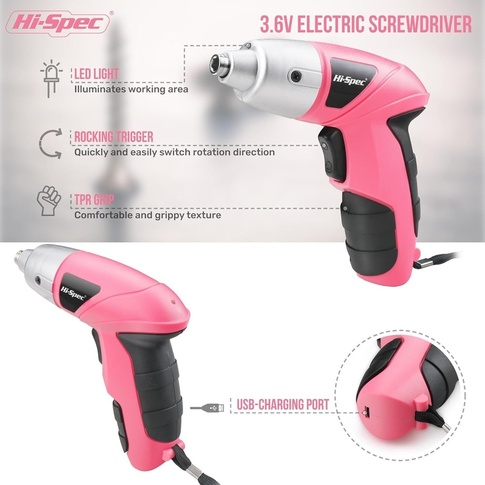 USB Rechargeable Pink Electric Screwdriver with 27 Driver Bits for DIY Projects