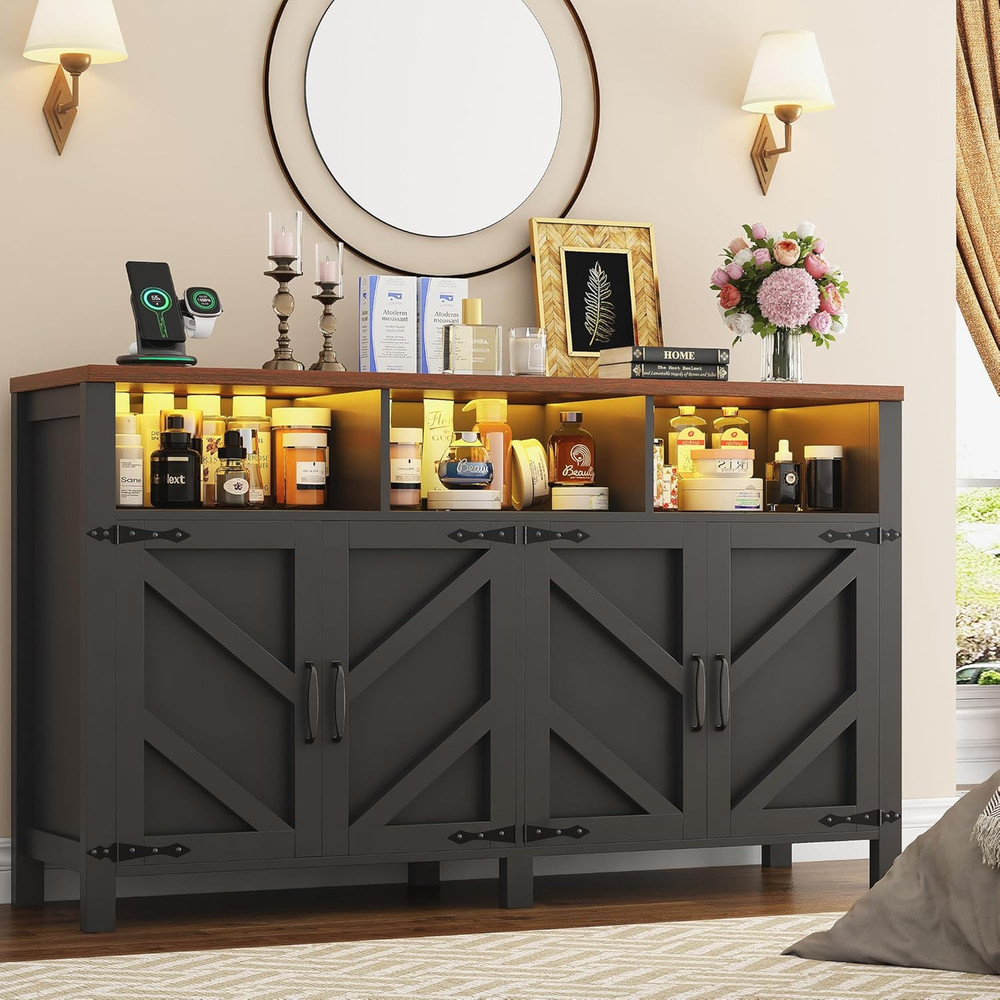 Buffet Sideboard with Storage with Power Outlets & LED Light 4 Doors, 55'' Large