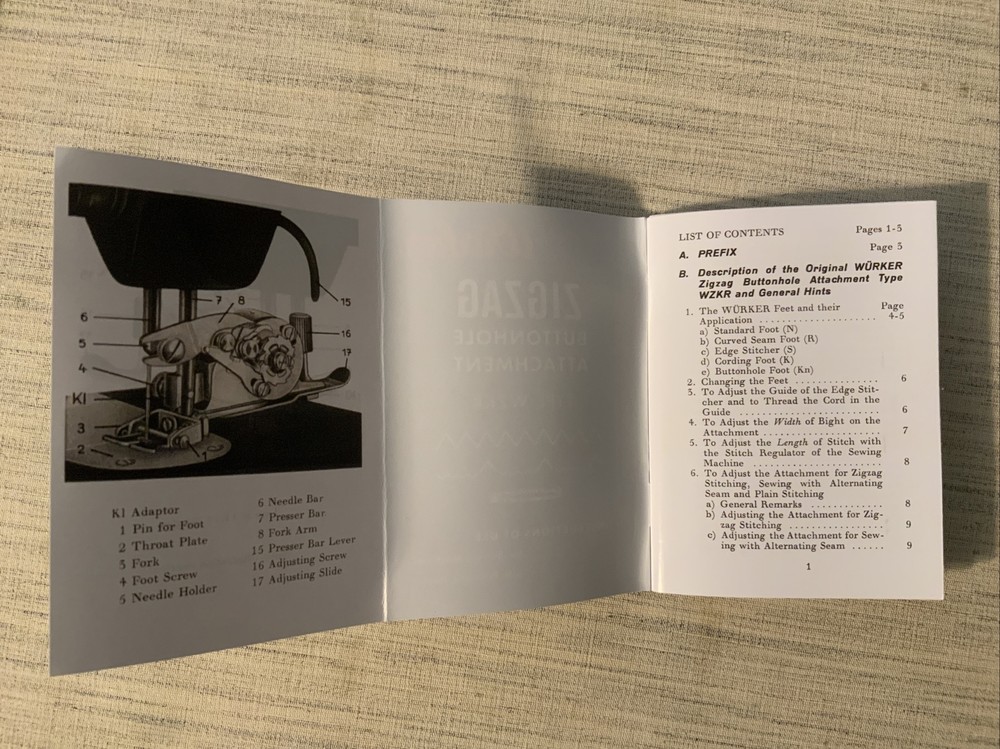 Würker ZigZag Buttonhole Attachment Instruction Booklet Only