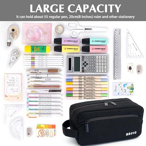 Large Capacity Pencil Case 3 Compartments, Portable Pencil Case with Black