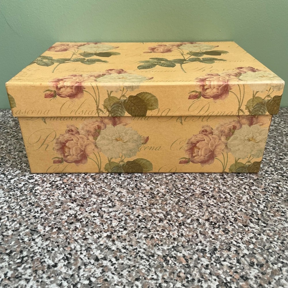 Vintage Cardboard BOX with Metallic Tag Holder Floral Print Rectangular