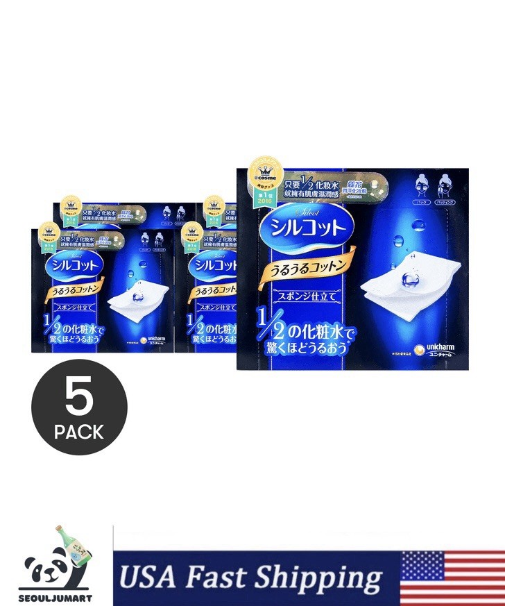 Unicharm Silcot Uruuru Sponge Touch Moisturizing Cotton (40 Sheets) - 5 Pack