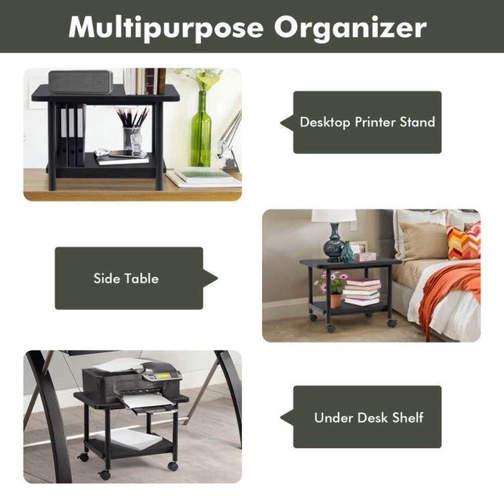 Black Multipurpose 2-Tiered Mobile Wheeled Printer Cart Stand