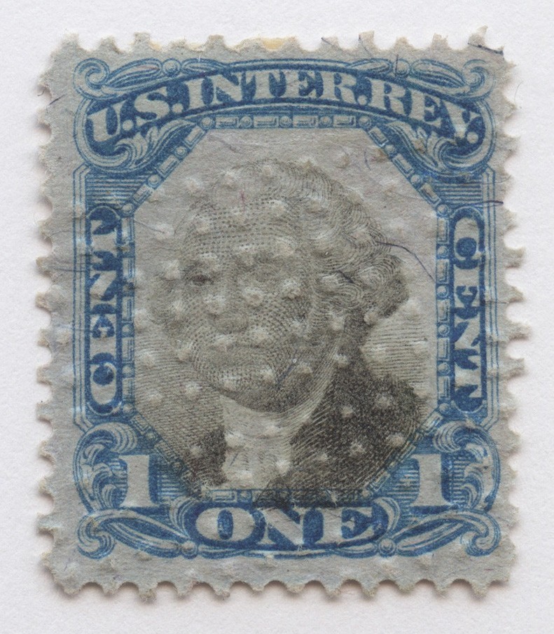 U.S. Revenue Scott #R103 1c second issue. Unusual waffle roller cancel CV = $100