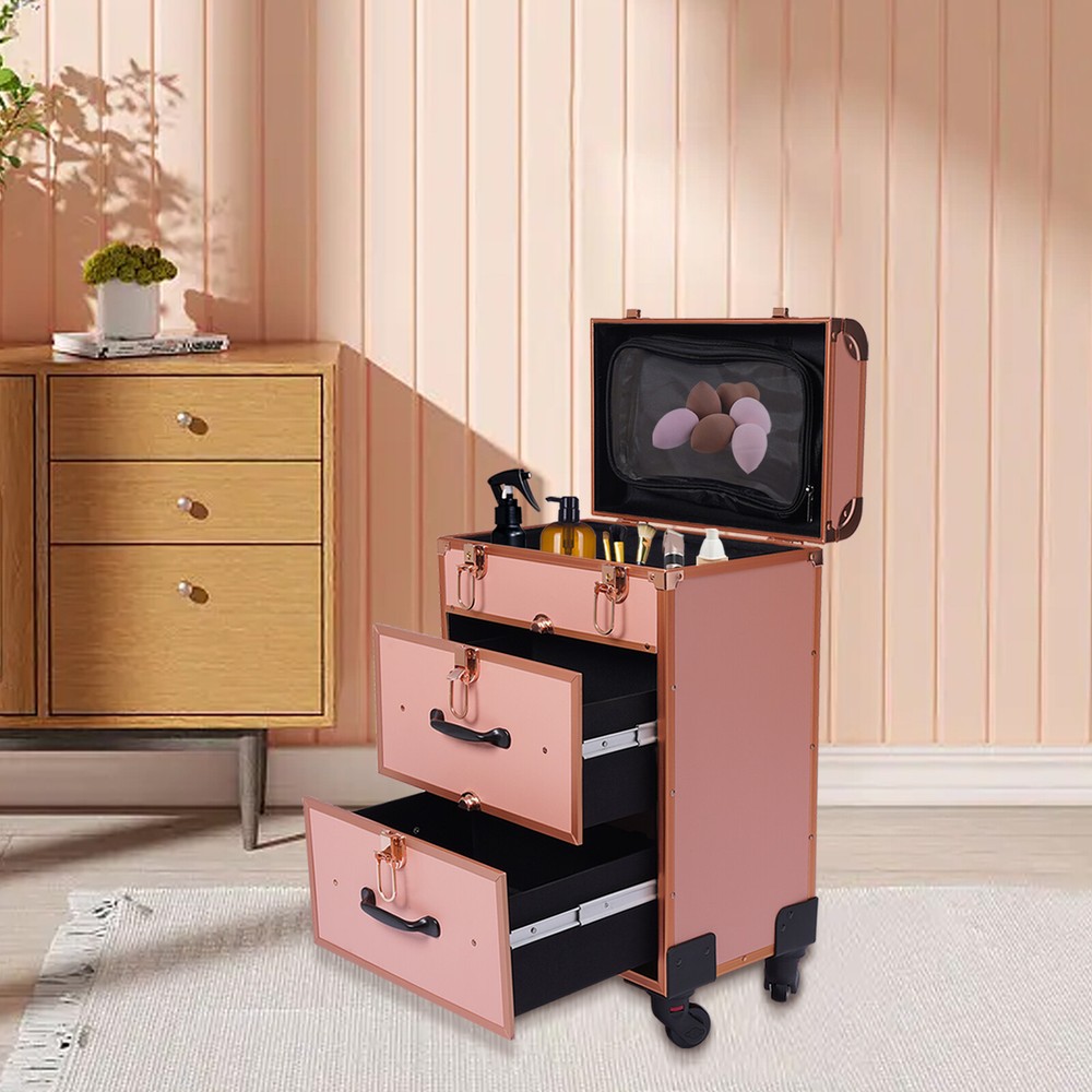 Aluminum Rolling Makeup Train Case, Cosmetic Trolley Makeup Storage Organizer