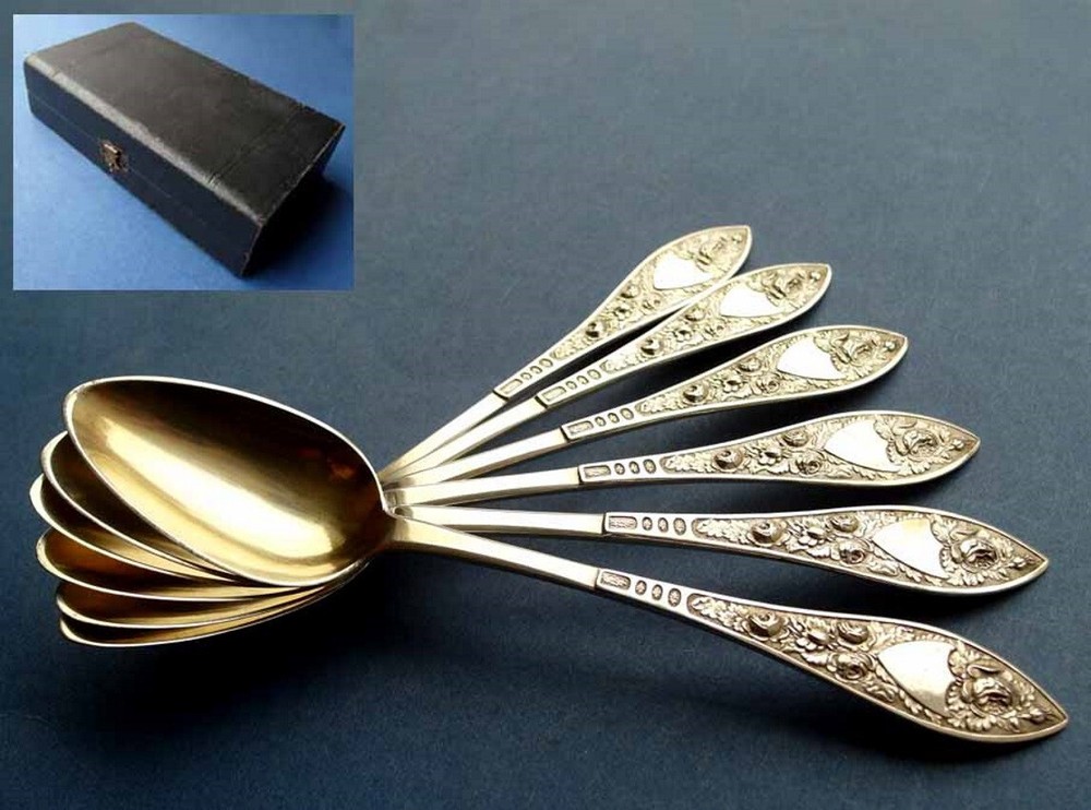 Set, 6 Large Tea Spoons, Roses, Silver, around 1820 E540