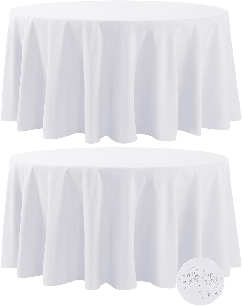 Fokitut 2 Pack Waterproof Round Tablecloth, 120 Round-120''-2pack, White
