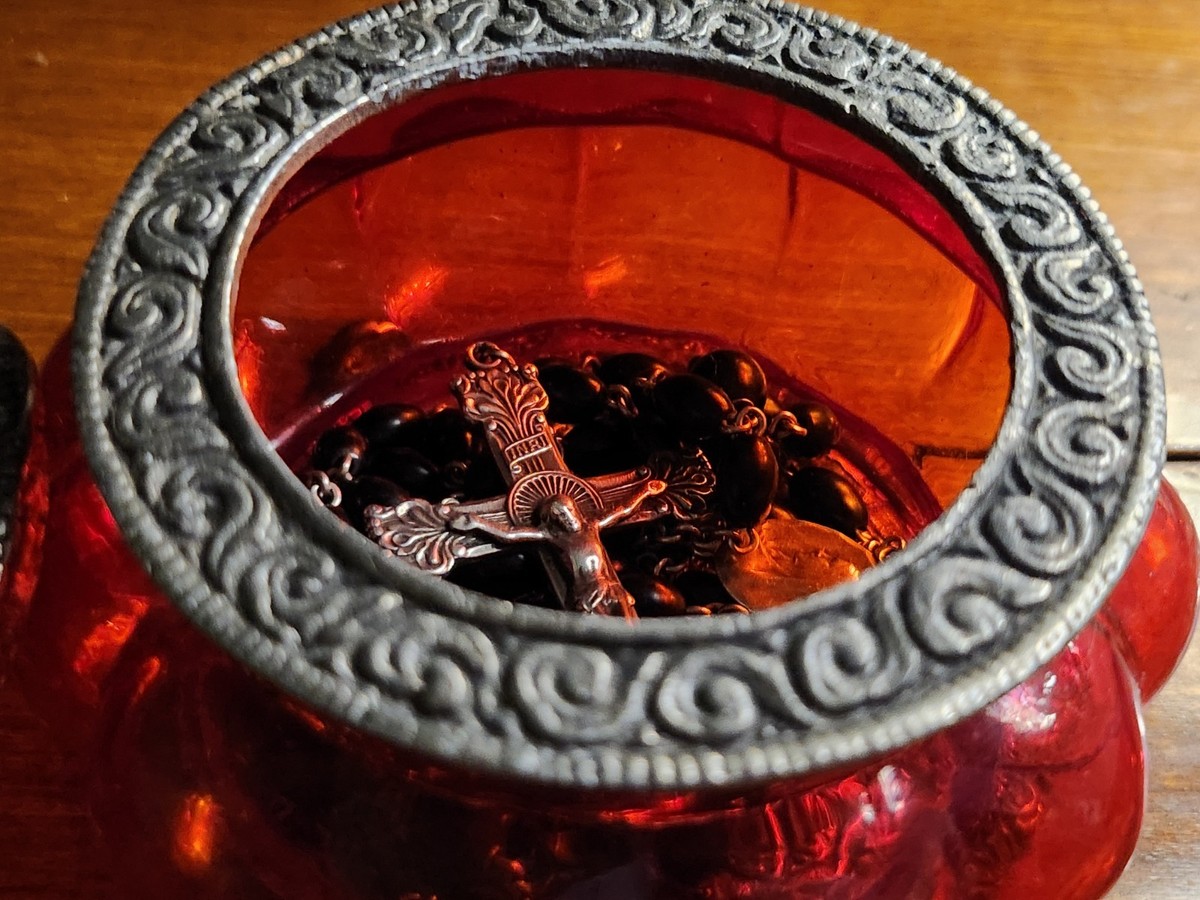 Vintage Sterling Silver Celluloid Bead Rosary & Vtg Red Moroccan Blown Glass Box