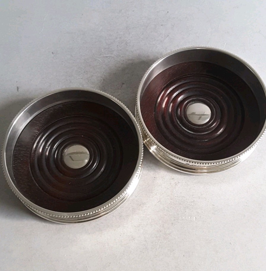 GOOD , PAIR VINTAGE SOLID SILVER COASTERS . 12 . 5 cms. dia. LON. 1973