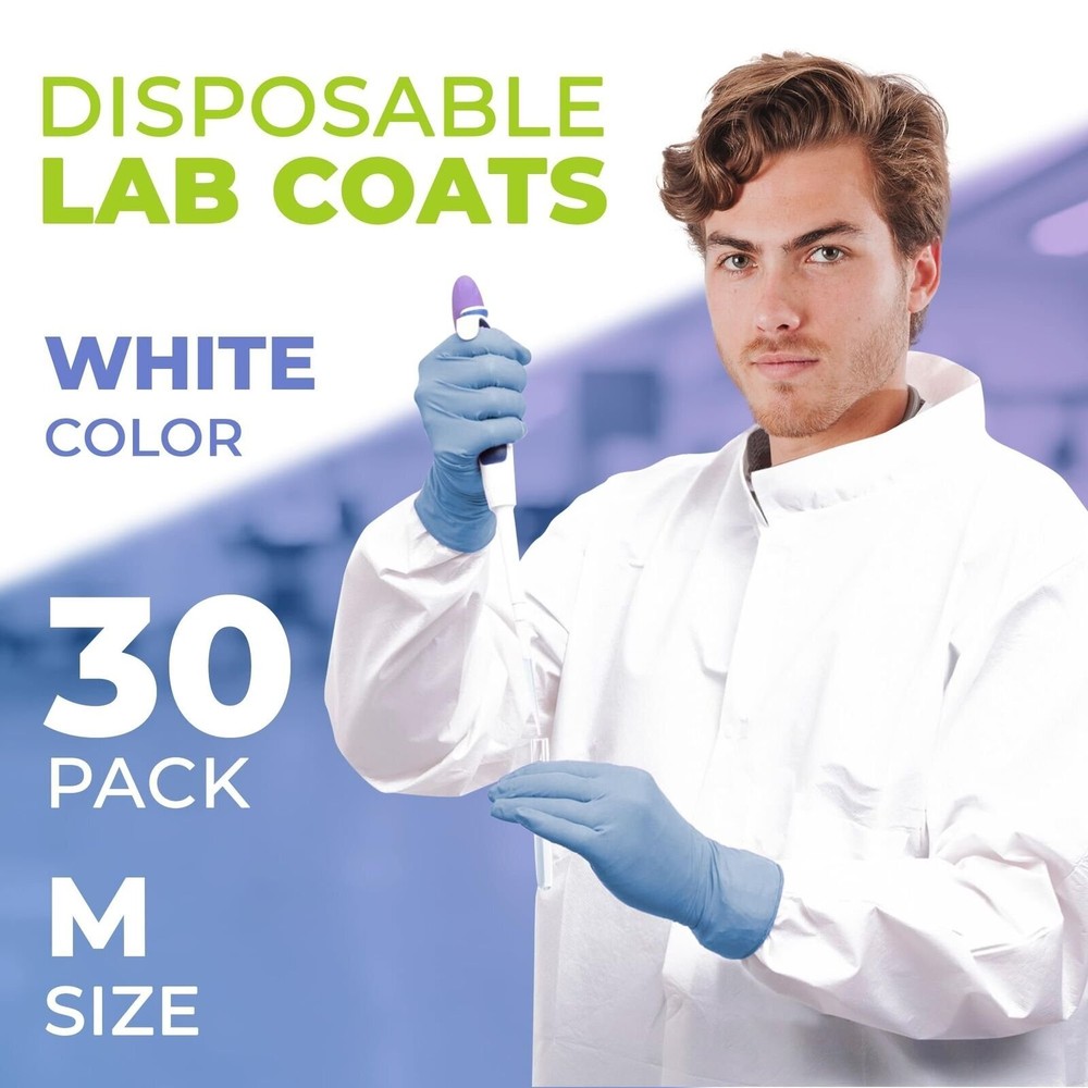 White Disposable Lab Coats, Medium, Pack of 30, Adjustable Collar