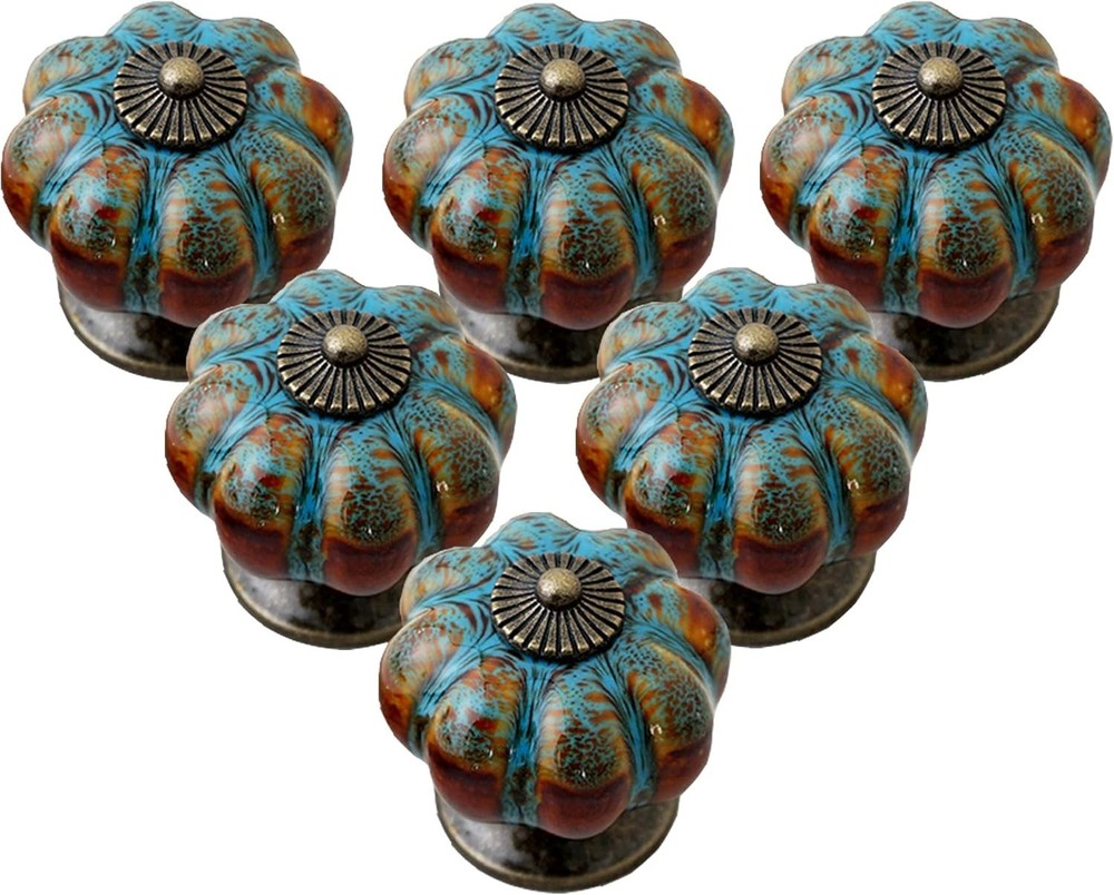 6/10 Pack Blue Ceramic Pumpkin Cabinet Knobs Vintage Drawer Door Pull Handles