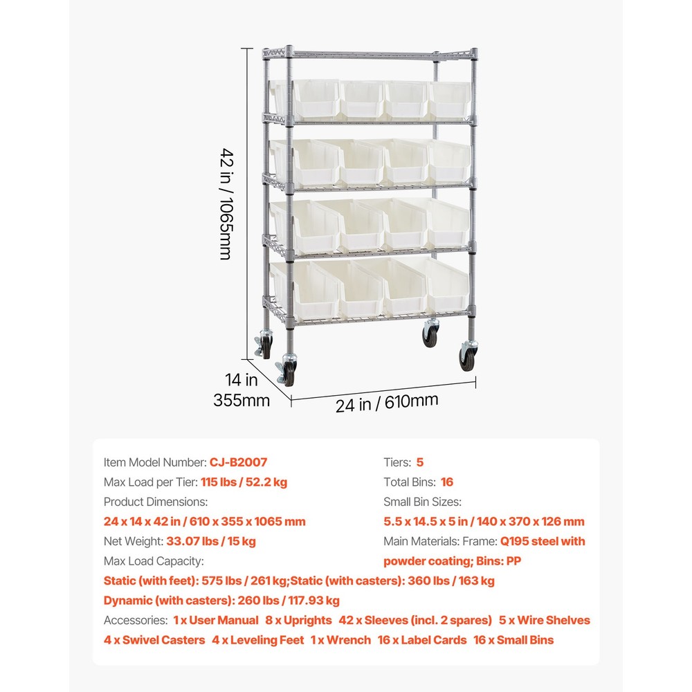 Uimoso 5-Tier Rolling Storage Rack with 16 Removable Bins