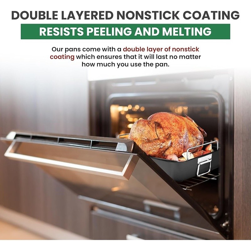 Double Layer Nonstick Roasting Pan Rack Oven Safe Durable Easy Clean Roast Meat