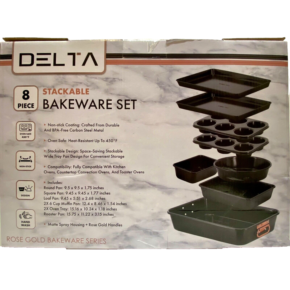 Delta 8 Piece Nonstick Stackable Bakeware Set Matte Black Rose Gold Trim NIB