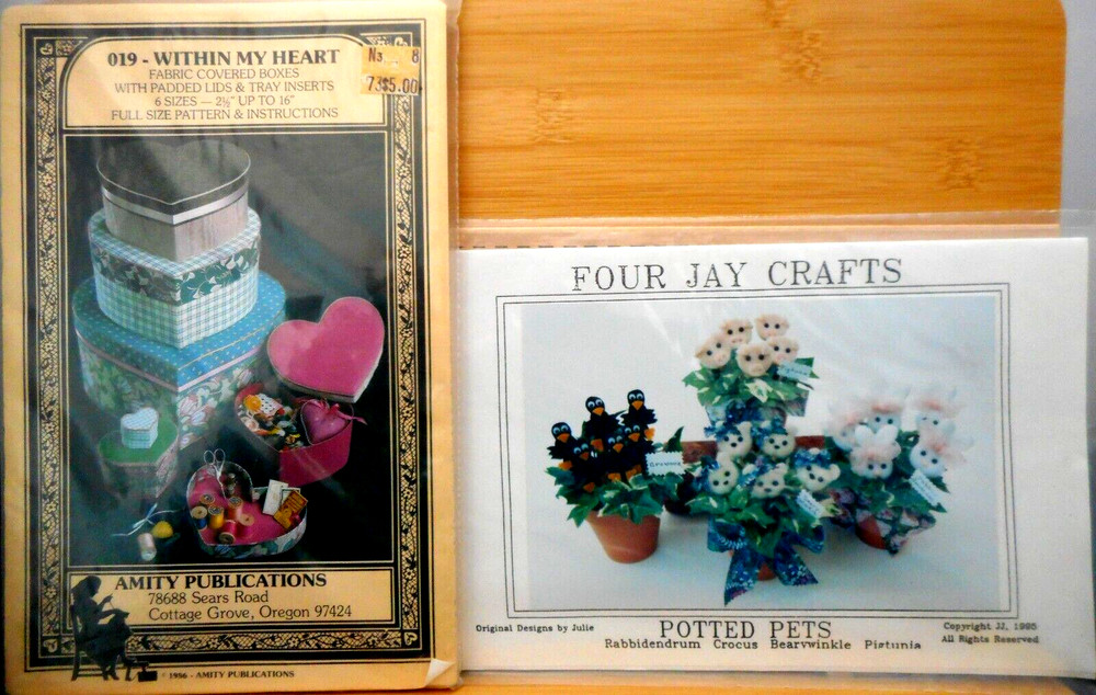 2 NEW Craft Patterns Fabric Covered Boxes 019-Within My Heart & Potted Pets #80