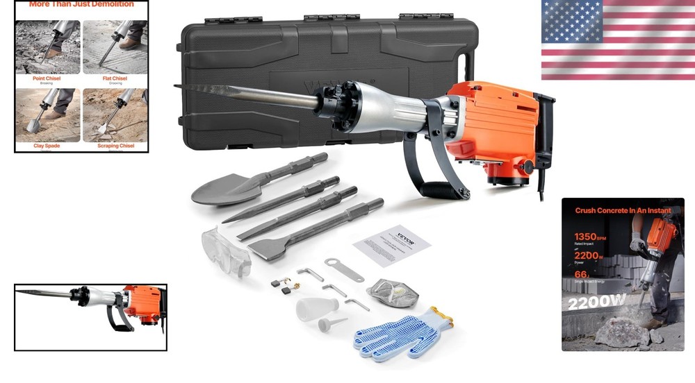 Heavy Duty Demolition Jack Hammer with 4 Chisels & Vibration Control Handle